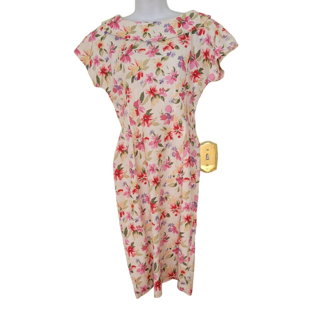 Vintage Floral Maggy London Wiggle Dress 8 Linen Blend Cosplay‎ 50s Costume